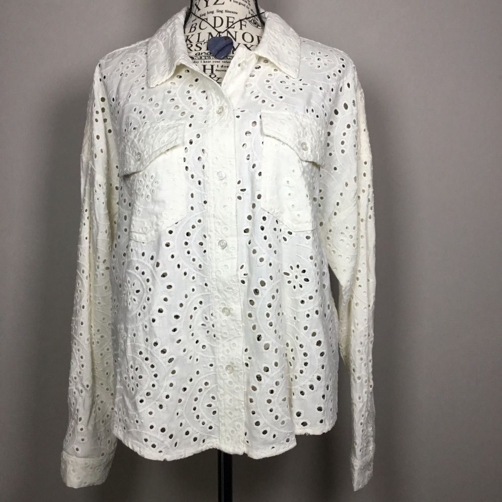 Cotton linen Eyelet lace creamy white shirt jacket fairy beachy summer size M